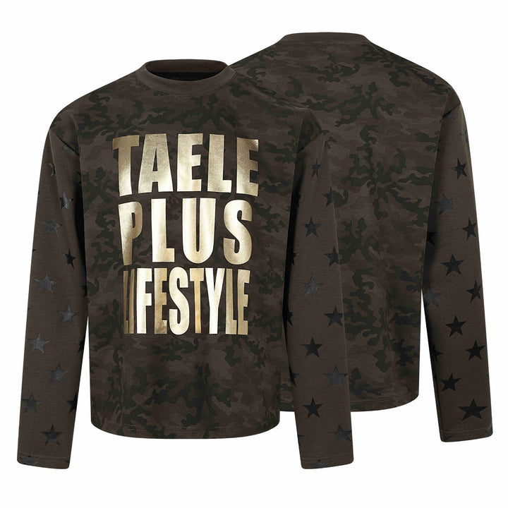 Unisex Oversize Sweatshirt with camouflage print, star sleeve appliqué and large metallic print Mune Fashion