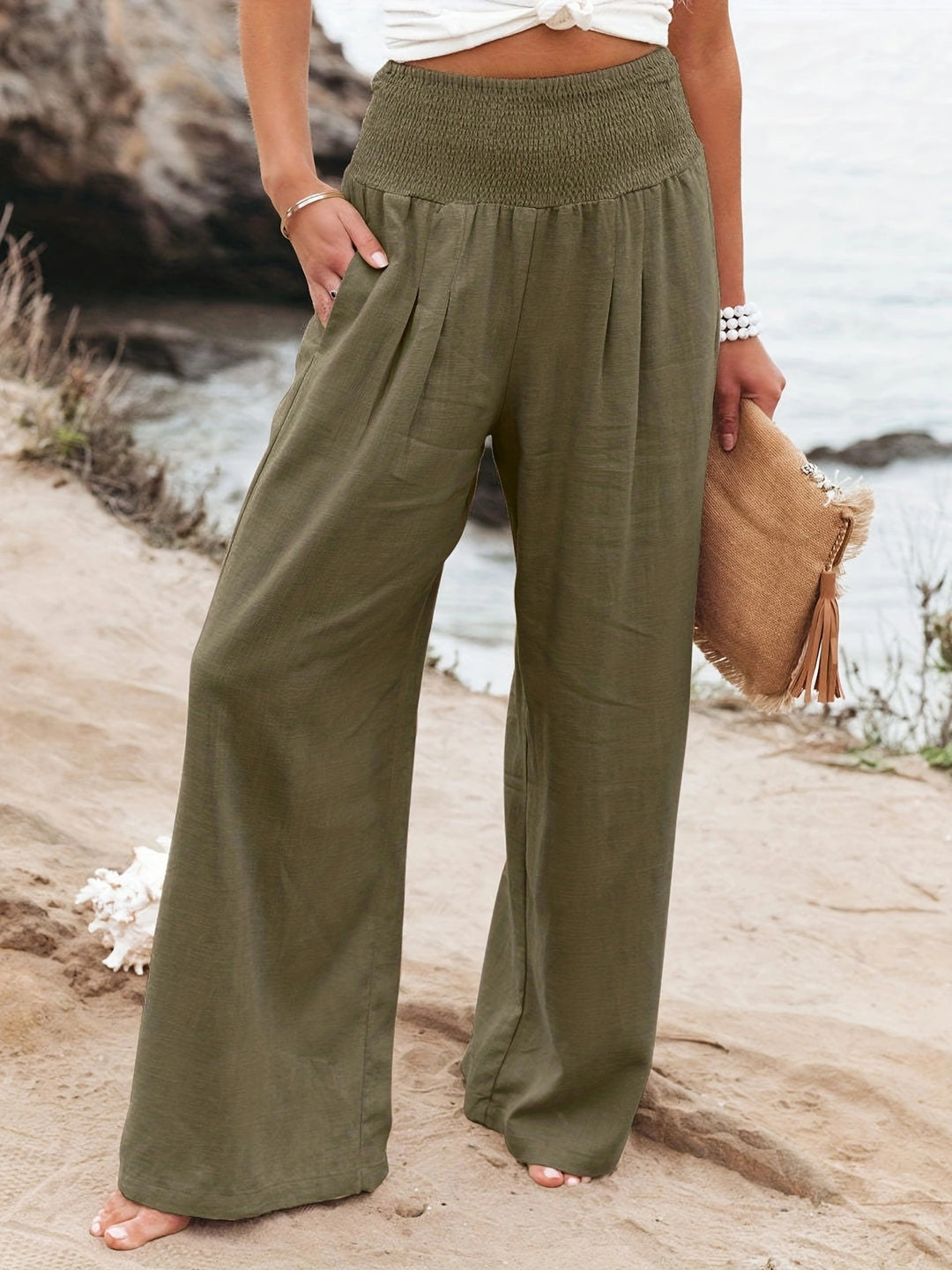 Women's Wide Linen Pants with Smocked Band and Side Pockets Mune Fashion