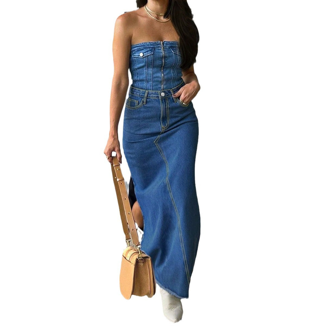 Ladies High-Waist Maxi Skirt made of Denim with front decorative seam and side leg slit Mune Fashion