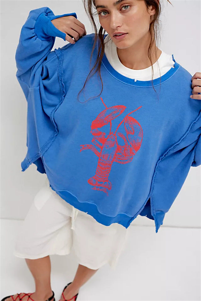 Women oversized sweatshirt with beet print, fringed seam accents and thumbhole sleeves Mune Fashion