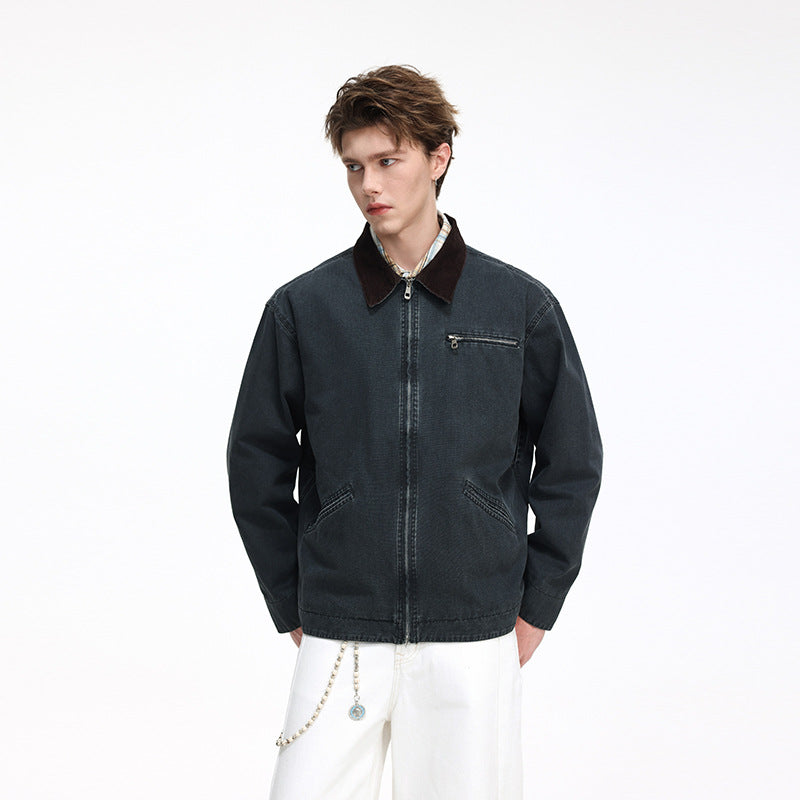 Men's casual jacket made of washed cotton canvas with cord collar and zip pocket Mune Fashion