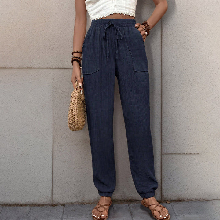 Women Loose Linen Look Jogger Pants with High Elastic Waistband, Drawstring, Patch Pockets & Elastic Cuffs Mune Fashion
