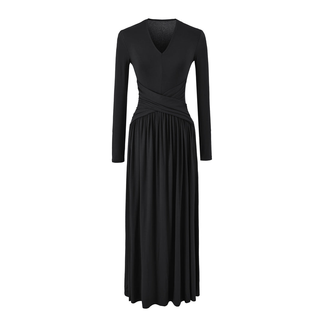 Women's V-Neck Maxi Wrap Dress Made of Jersey with Gathered Waist Section Mune Fashion