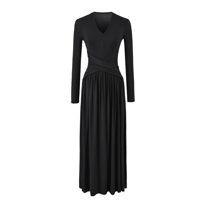 Women's V-Neck Maxi Wrap Dress Made of Jersey with Gathered Waist Section Mune Fashion