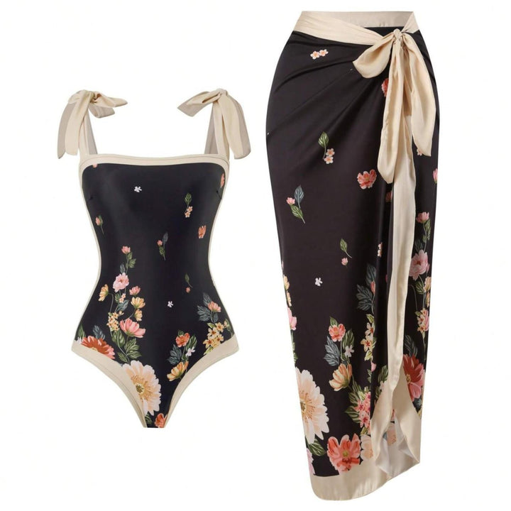 Women Elegant Swimsuit with Floral Accents and Fashionable Wrap Skirt Mune Fashion