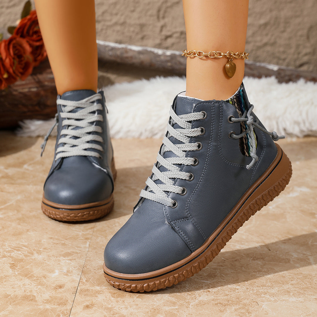 Women's padded lace-up ankle boots with teddy lining, side zipper, and textured rubber sole Mune Fashion