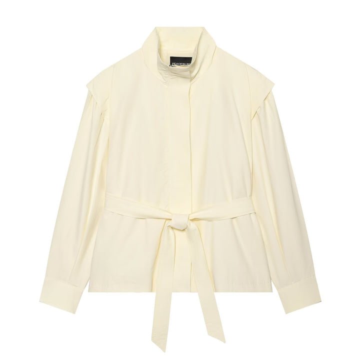 Women's short jacket made of flowing fabric with waist belt and cape shoulder drape