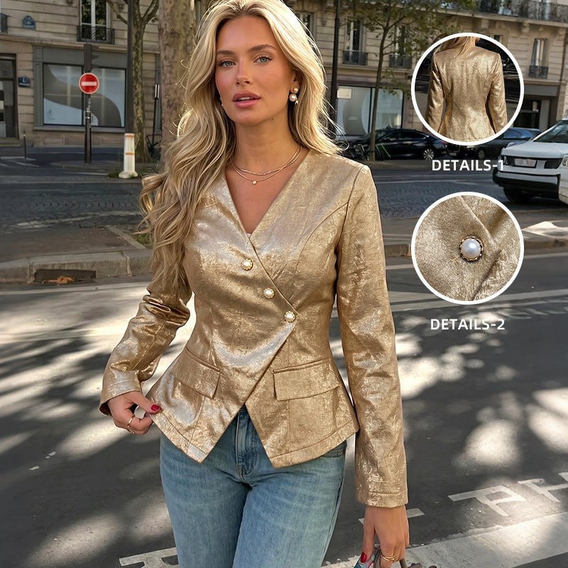 Ladies Elegant Blazer with Double Button Placket Mune Fashion