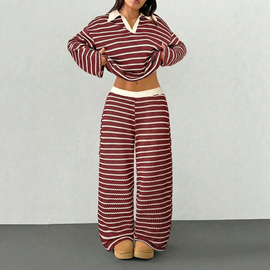 Women's Knitted Loungewear Set with Polo V Neck, Bell Sleeves, and Wide High-Cut Trouser Leg Mune Fashion