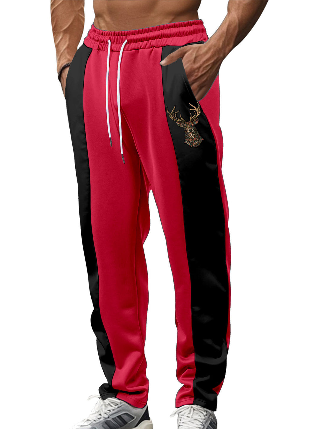 Men's sporty track pants with side contrast stripes, elastic waistband, drawstring, and deer embroidery Mune Fashion