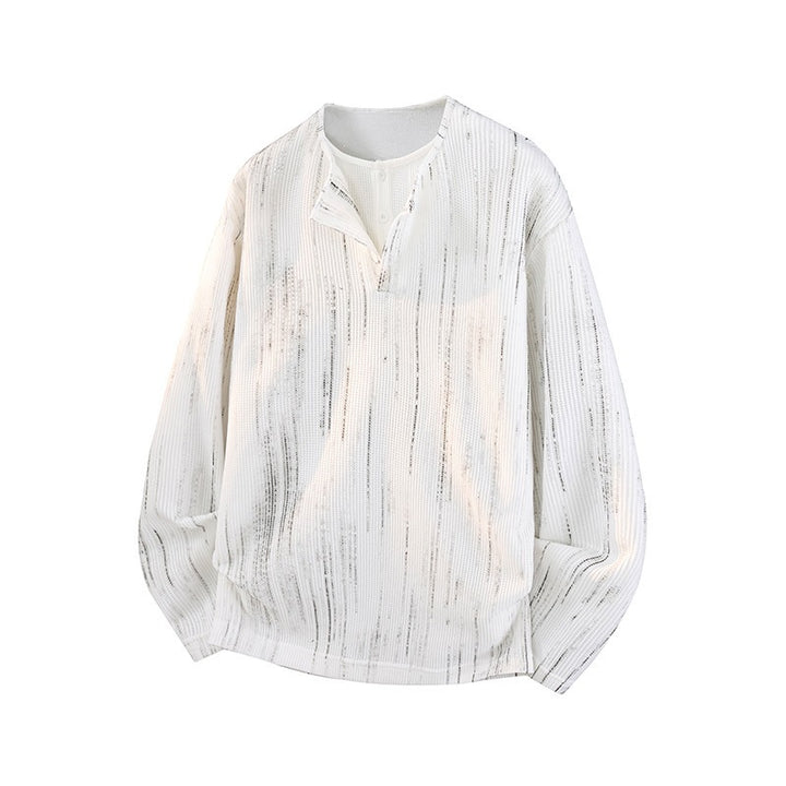 Men's Oversize Knit Sweater with Henley Neck and Fine Structure Stripe Mune Fashion