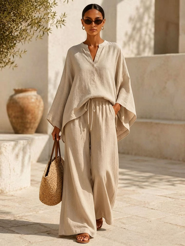 Women's Lightweight Linen-Blend Oversized Kaftan Top and Drawstring Wide-Leg Pants Set Mune Fashion