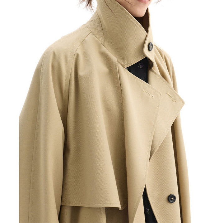 Ladies Fashionable Long Coat with High Neck Collar and Waist Belt Mune Fashion
