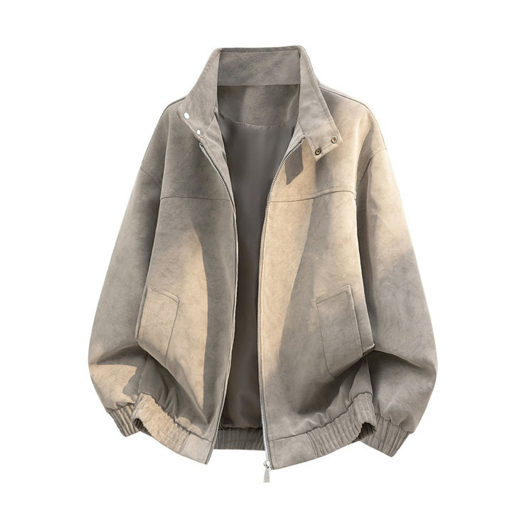 Men's Oversize Velour-Optic Bomber Jacket with Stand-Up Collar, Two-Way Zipper & Elastic Hem