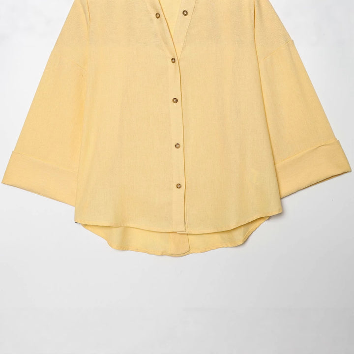 Women Oversized Linen Blouse with Kimono Sleeves and Continuous Button Placket Mune Fashion