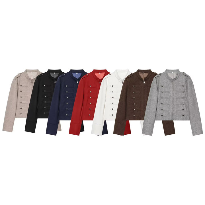 Women's Short Jacket Military-inspired Wool Blend Cropped Jacket with Stand Collar, Epaulettes and Decorative Button Placket Mune Fashion