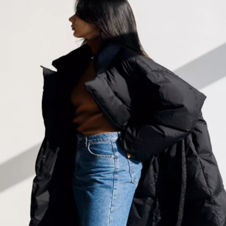 Women's Quilted Longline Parka with Wrap Tie Belt and Voluminous Sleeves Mune Fashion
