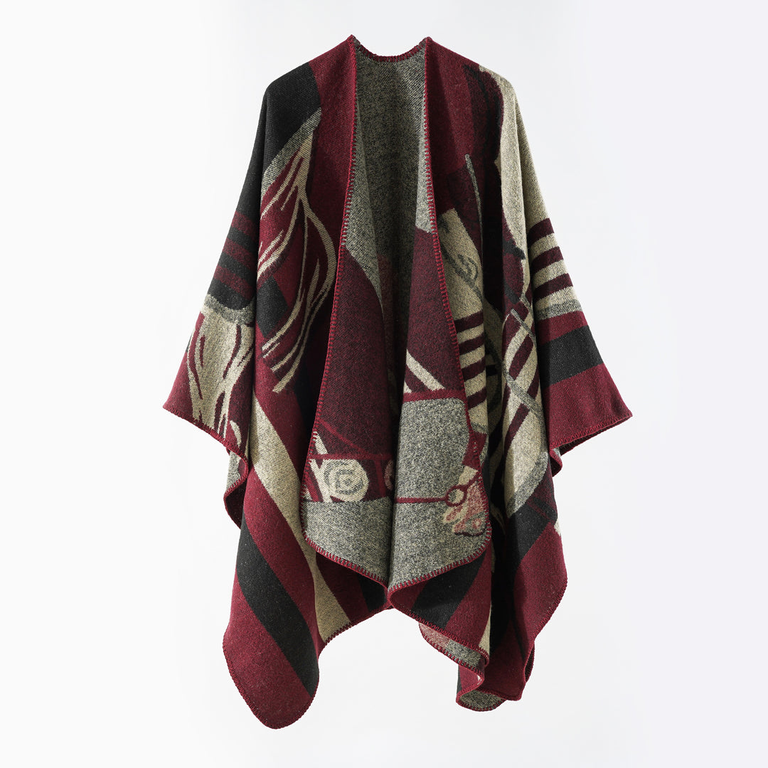 Women's Ruana wrap in coarse wool blend with graphic block design and overlock hem Mune Fashion