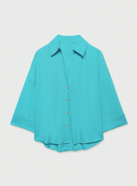 Women's Lightweight Oversized Linen Look Blouse with Three-Quarter Sleeves and Full Button Placket Mune Fashion