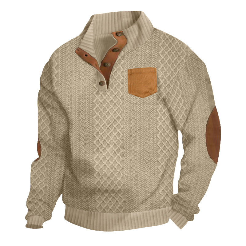 Men's Structured Cable Knit Sweatshirt with Half Button Placket, Faux Leather Patch Pocket & Elbow Patches Mune Fashion