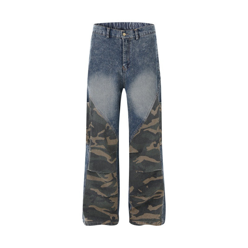 Women Wide High-Waist Denim Cargo Pants with Camouflage Inserts Mune Fashion
