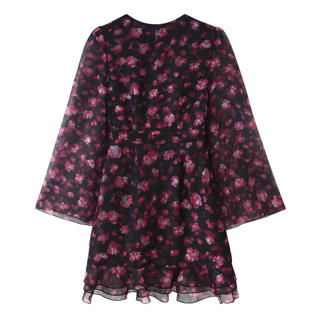 Women's Floral Chiffon Mini Dress with Deep V-Neck, Bell Sleeves and Tiered Ruffle Mune Fashion