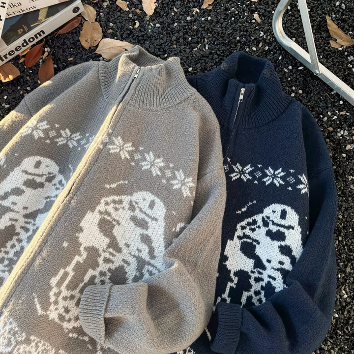 Unisex oversized cardigan with full zipper, high rib collar, and owl intarsia Mune Fashion