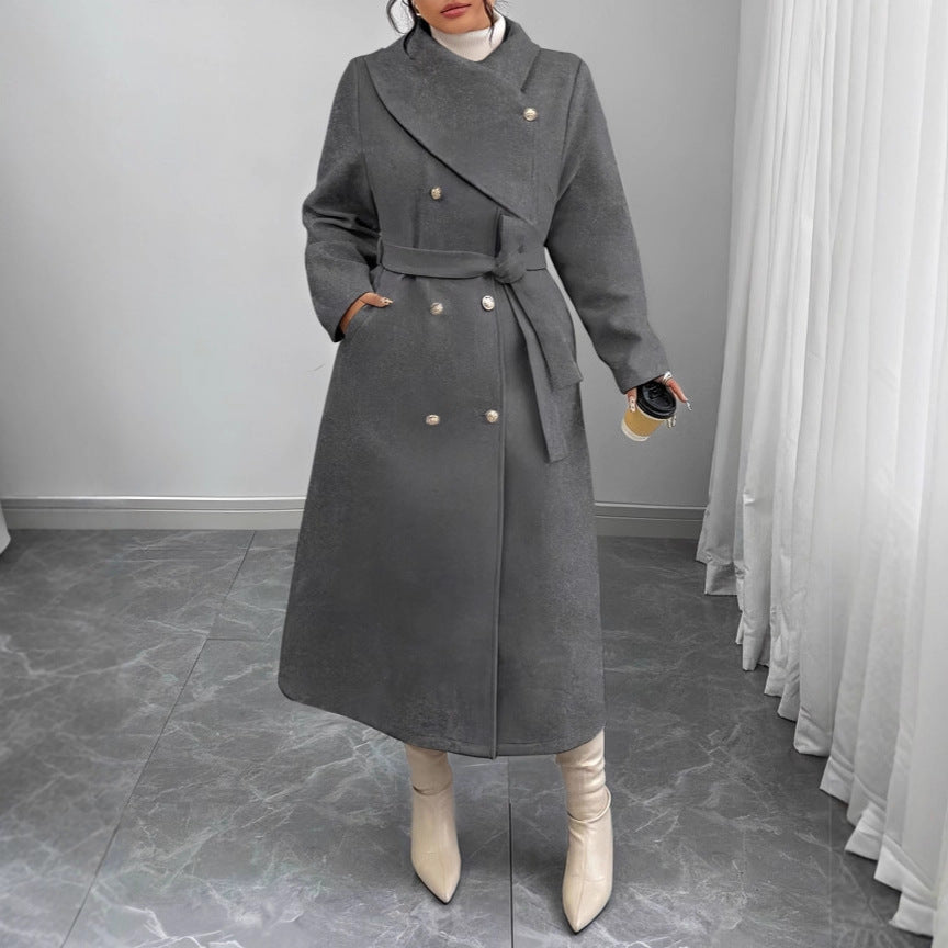 Women's Double-Breasted Wool Blend Coat with Wide Shawl Collar and Tie Belt Mune Fashion