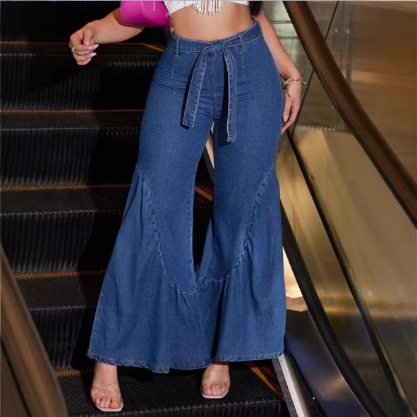 Women's High-Waisted Denim Palazzo Jeans with Overlapping V-Waist, Wide Flare, and Front Slit Mune Fashion