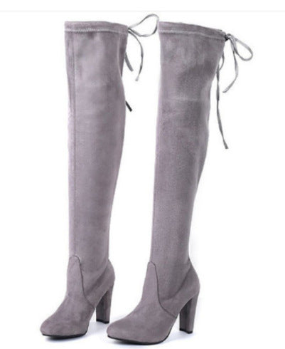 Women over-knee boots made of suede leather with elastic shaft and mid-high block heel Mune Fashion