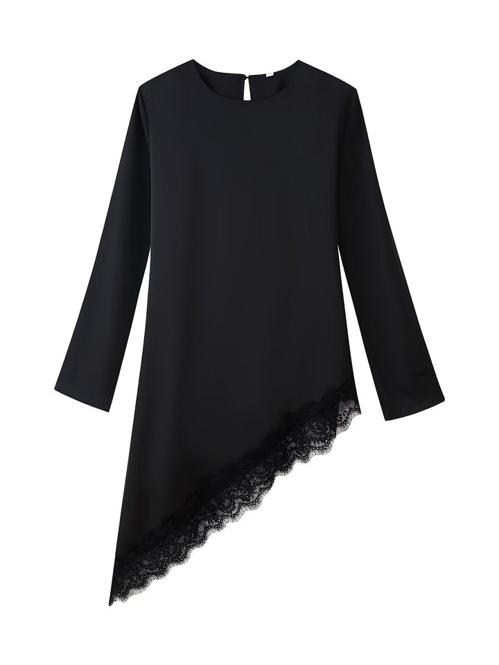 Women Asymmetrical Chiffon Blouse with Lace Trim and Long Sleeves Mune Fashion