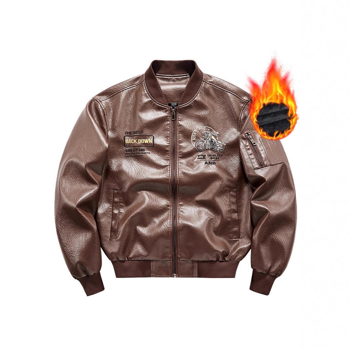 Men's Biker Leather Look Bomber Jacket with Embroidery Patches and Arm Pocket Mune Fashion