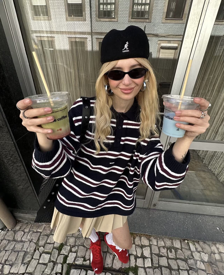 Women Striped Oversized Knit Sweater with Polo Collar and Ribbed Cuffs Mune Fashion