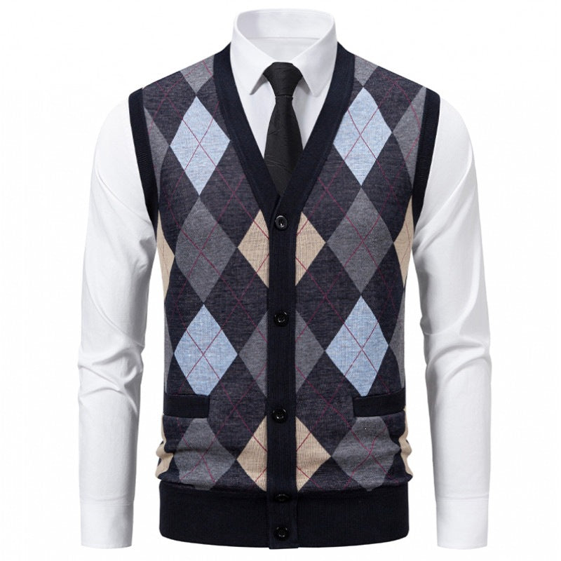 Men's fine-knit vest with V-neck, button placket and diamond pattern Mune Fashion