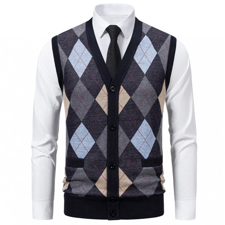 Men's fine-knit vest with V-neck, button placket and diamond pattern Mune Fashion