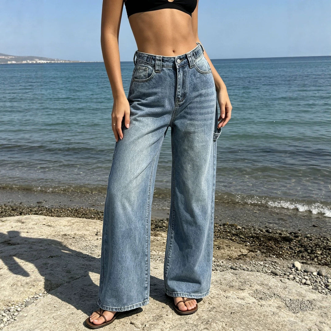 Ladies high-waist carpenter denim pants with utility side pocket and flared leg Mune Fashion