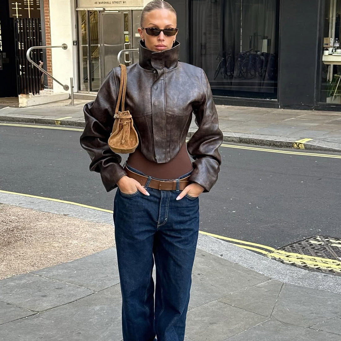 Women's Contoured Short Leather Jacket with High Stand Collar and Balloon Sleeves Mune Fashion
