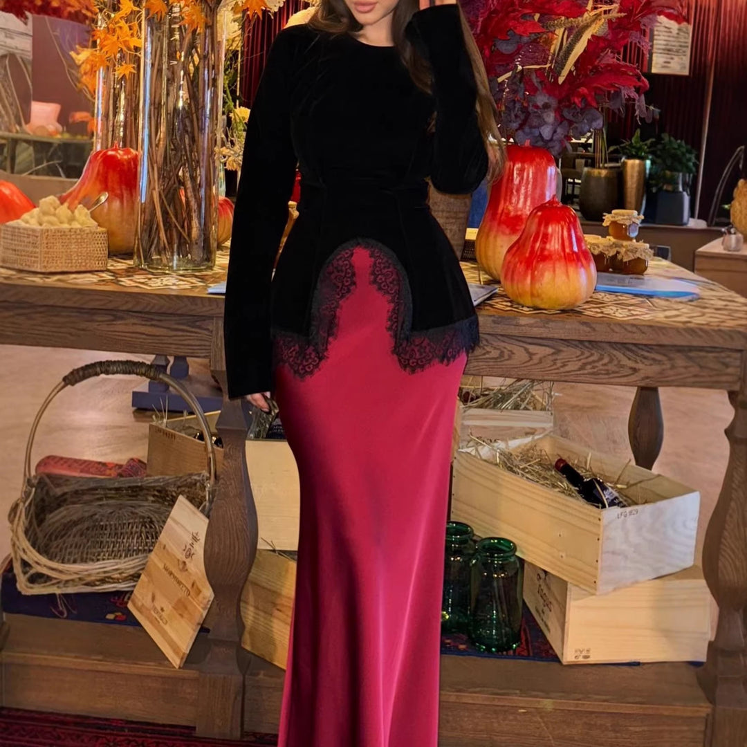 Women Elegant Velvet Long Sleeve with Lace Trim and Semi-Circular Front Slit Mune Fashion