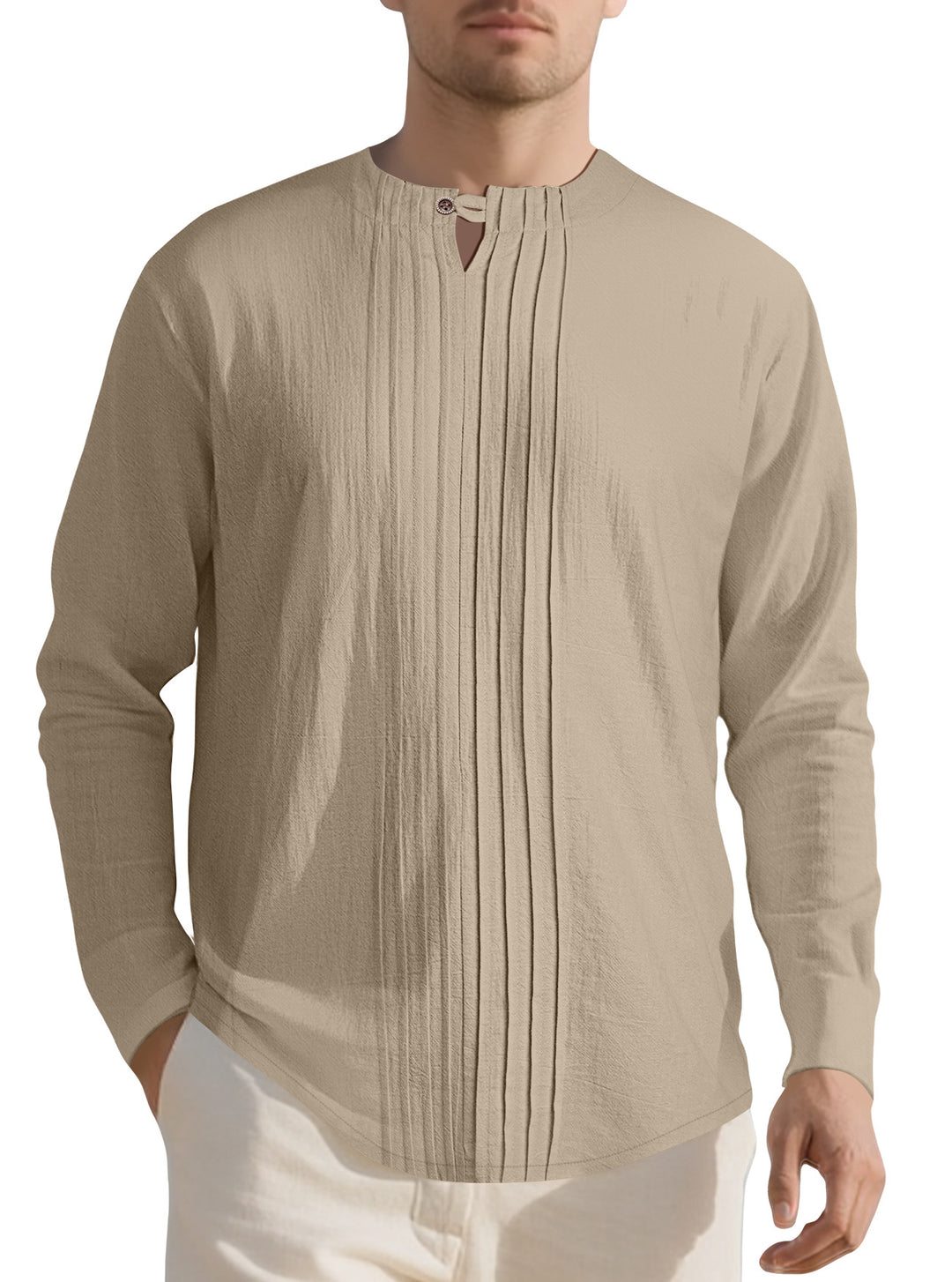 Men's Naan light structured tunic shirt with stand-up collar, pleats and loop button Mune Fashion