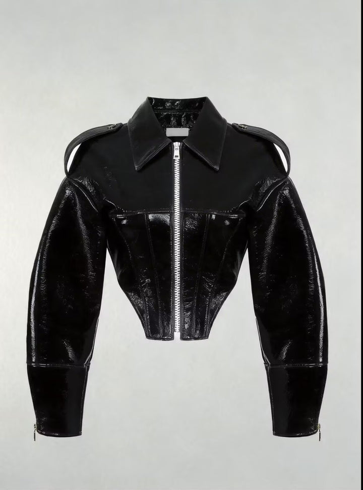women's short-cut faux patent leather blouson with tailored corset cut Mune Fashion