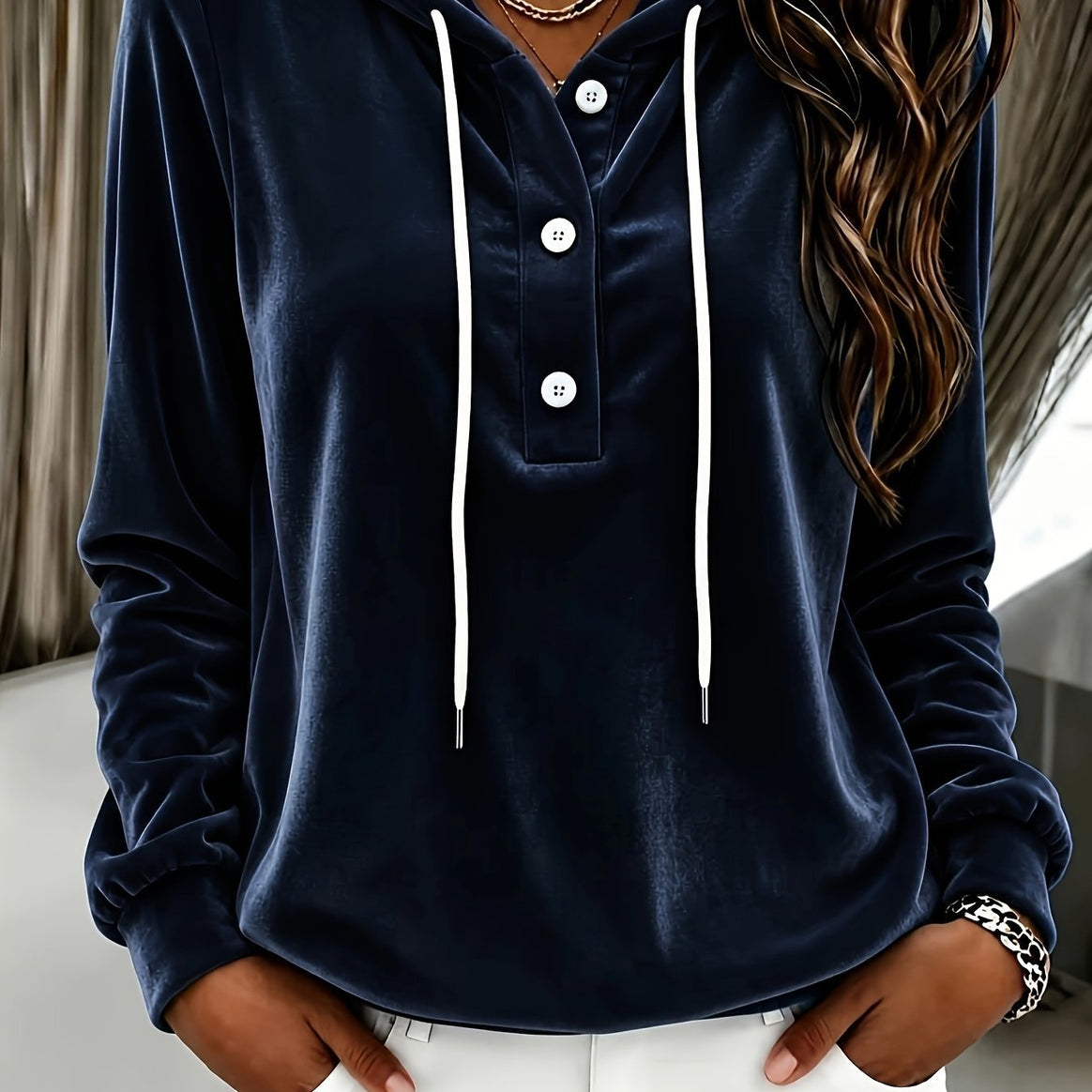 Women's Velvet Hoodie with Button Placket, Hood and Soft Fleece Finish Mune Fashion