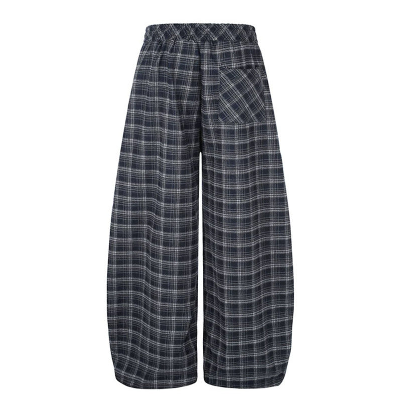Women Checked Palazzo Pants in Loungewear Style with Wide Leg, Elastic Waistband and Drawstring