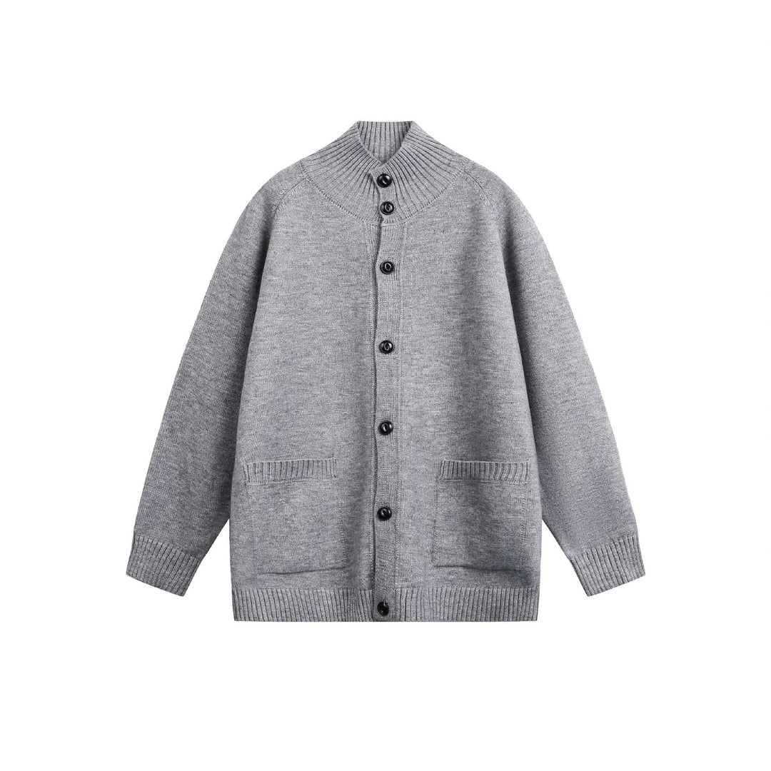 Unisex cardigan jacket with high ribbed collar, continuous button placket and side pockets Mune Fashion