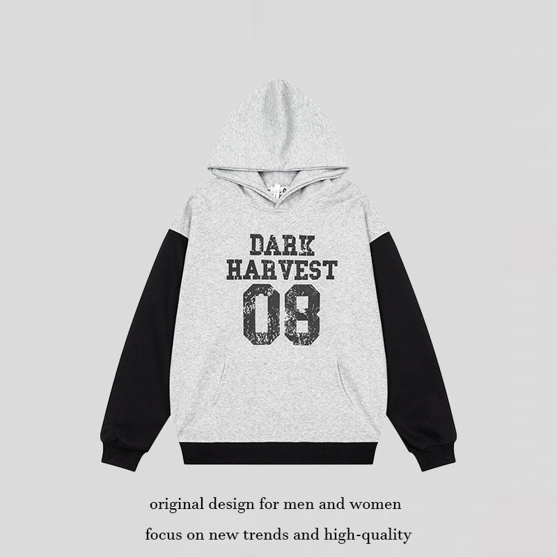 Women's College Style Hoodie Sweatshirt with Contrast Sleeves, Kangaroo Pocket and Vintage Print Mune Fashion