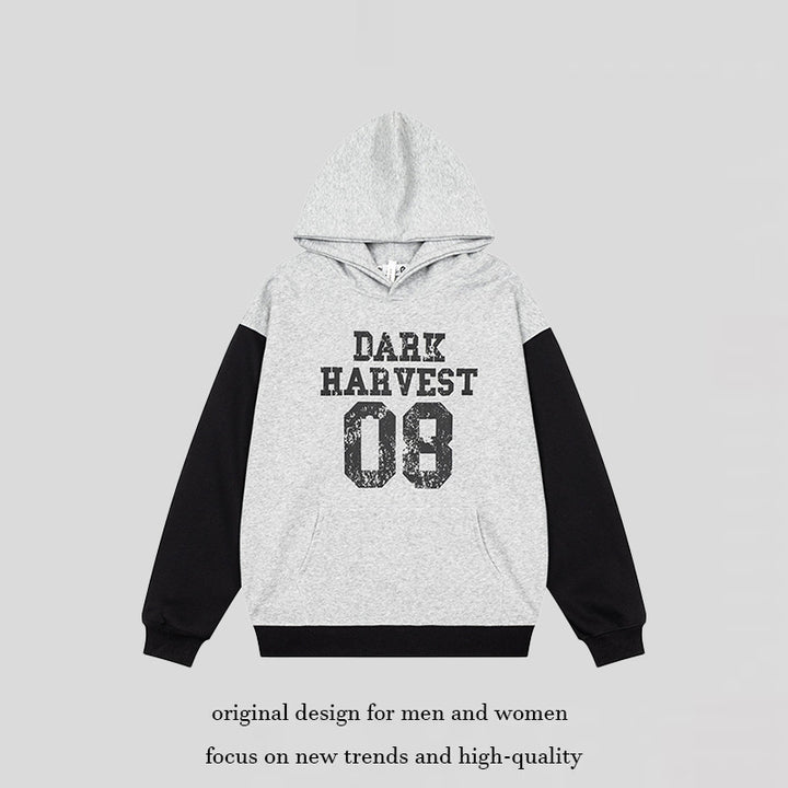 Women's College Style Hoodie Sweatshirt with Contrast Sleeves, Kangaroo Pocket and Vintage Print Mune Fashion