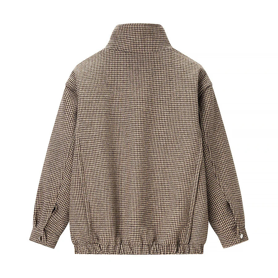 Women’s lightweight houndstooth transitional jacket with high stand-up collar, elastic hem, and concealed zipper Mune Fashion