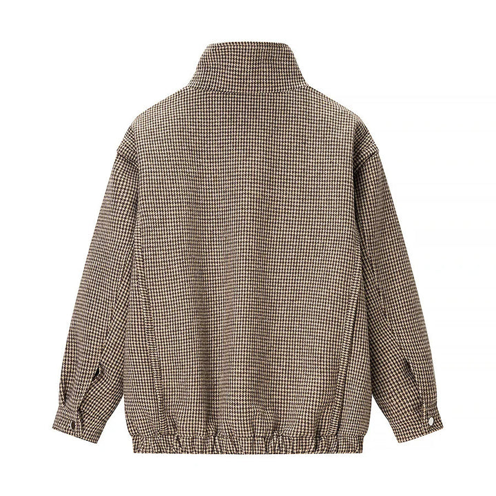Women’s lightweight houndstooth transitional jacket with high stand-up collar, elastic hem, and concealed zipper Mune Fashion