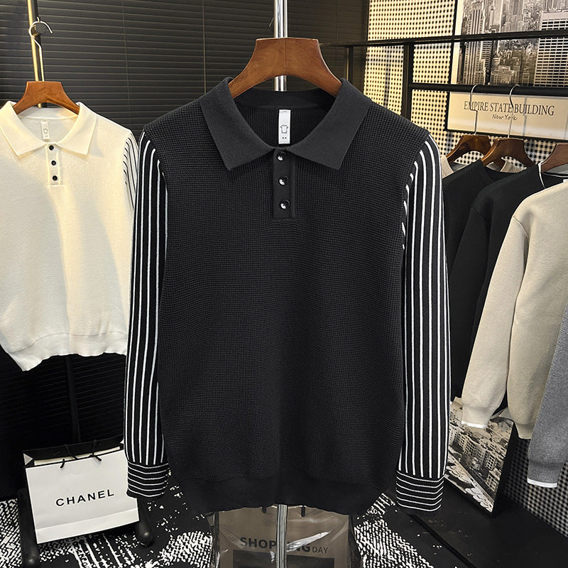 Men's knit polo shirt with contrasting striped sleeves and fine texture Mune Fashion