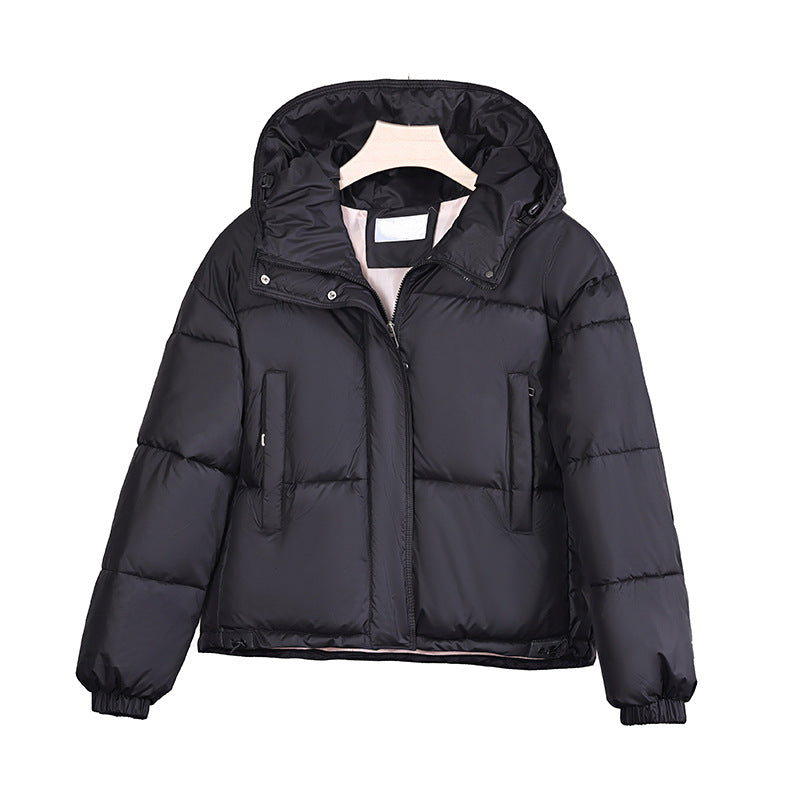 Women's short padded hooded jacket in boxy cut with concealed zip placket Mune Fashion