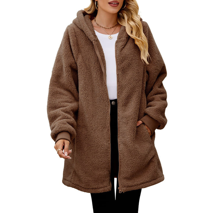 Women's knee-length soft teddy parka with hood, elastic cuffs, and two-way zipper Mune Fashion